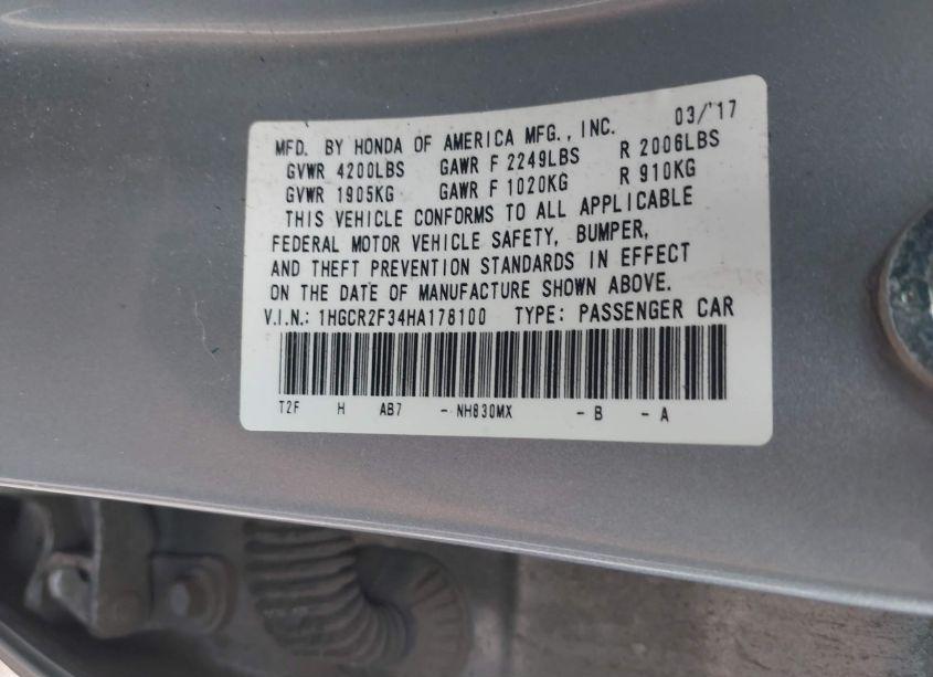 Photo 9 of 2017 Honda Accord LX (VIN 1HGCR2F34HA178100)