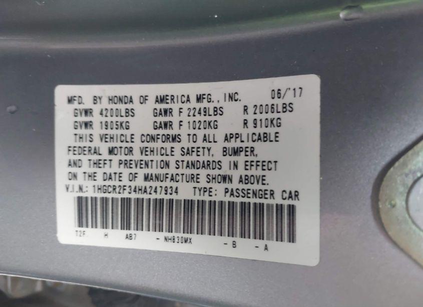 Photo 9 of 2017 Honda Accord LX (VIN 1HGCR2F34HA247934)