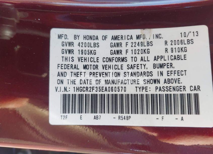 Photo 9 of 2014 Honda Accord LX (VIN 1HGCR2F35EA060570)