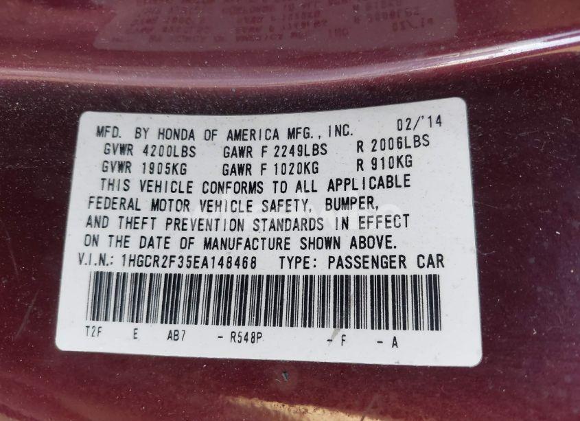 Photo 9 of 2014 Honda Accord LX (VIN 1HGCR2F35EA148468)