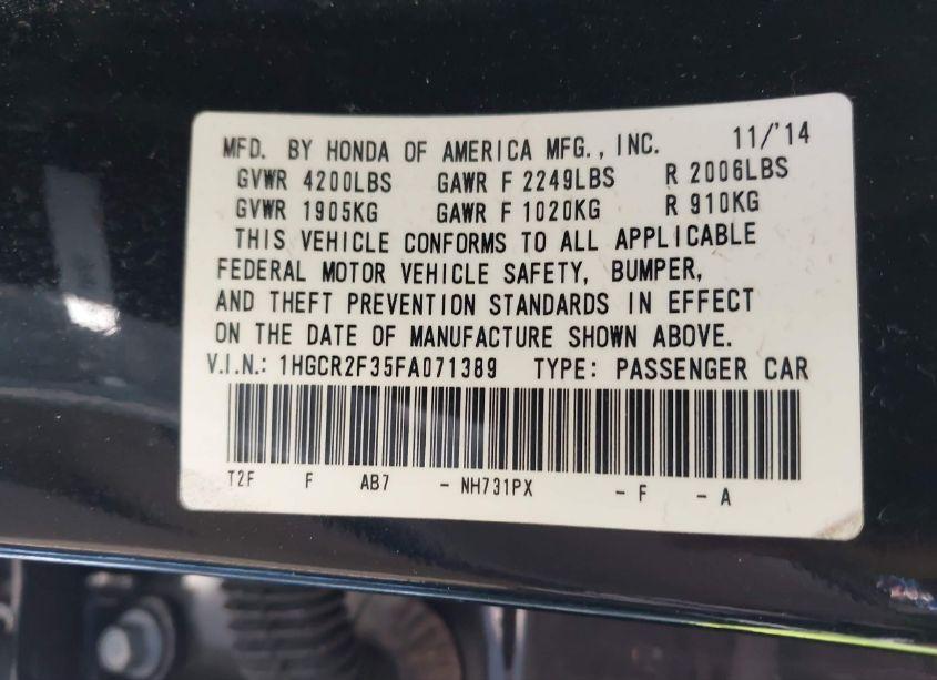 Photo 9 of 2015 Honda Accord LX (VIN 1HGCR2F35FA071389)