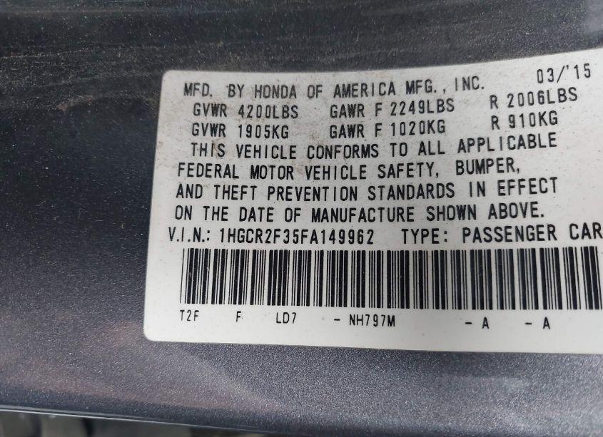 Photo 9 of 2015 Honda Accord LX (VIN 1HGCR2F35FA149962)