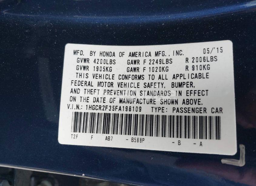 Photo 9 of 2015 Honda Accord LX (VIN 1HGCR2F35FA198109)