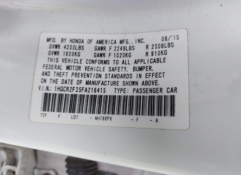 Photo 9 of 2015 Honda Accord LX (VIN 1HGCR2F35FA216415)