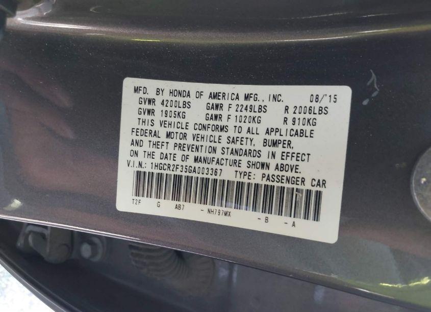 Photo 9 of 2016 Honda Accord LX (VIN 1HGCR2F35GA003367)