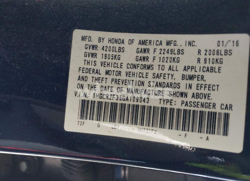 Photo 9 of 2016 Honda Accord LX (VIN 1HGCR2F35GA109043)