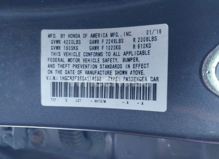 Photo 9 of 2016 Honda Accord LX (VIN 1HGCR2F35GA114596)