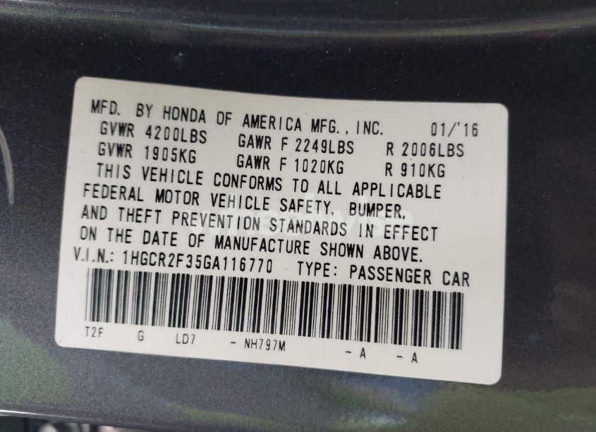 Photo 9 of 2016 Honda Accord LX (VIN 1HGCR2F35GA116770)