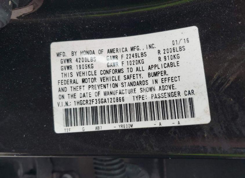 Photo 9 of 2016 Honda Accord LX (VIN 1HGCR2F35GA120866)