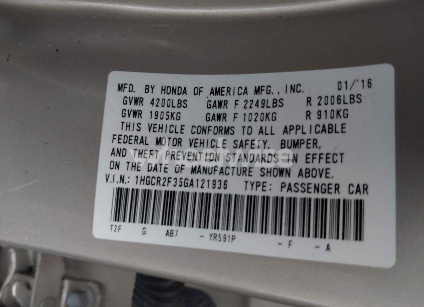 Photo 9 of 2016 Honda Accord LX (VIN 1HGCR2F35GA121936)