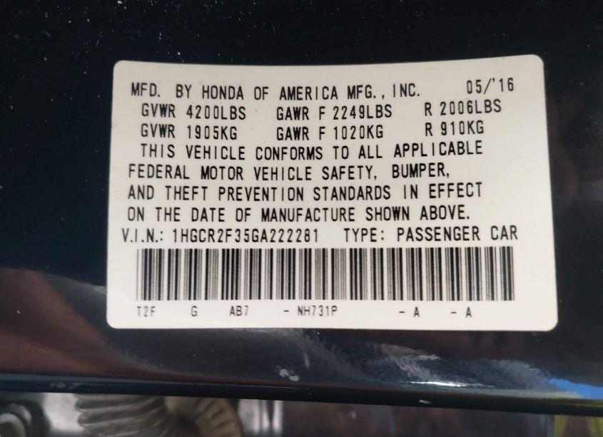 Photo 9 of 2016 Honda Accord LX (VIN 1HGCR2F35GA222281)