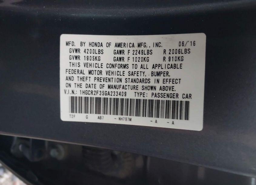 Photo 9 of 2016 Honda Accord LX (VIN 1HGCR2F35GA233409)