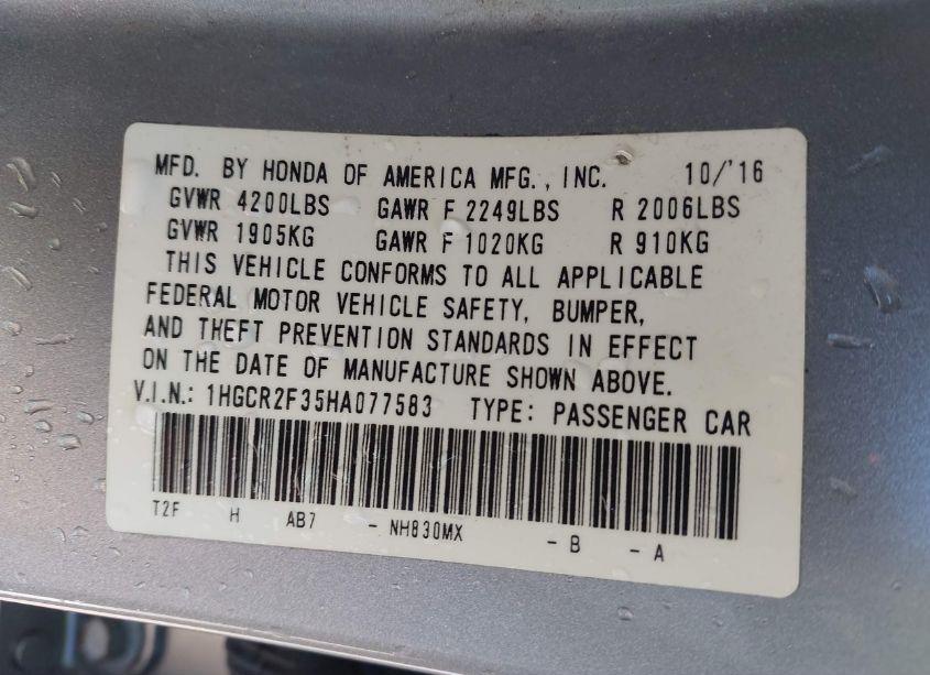 Photo 9 of 2017 Honda Accord LX (VIN 1HGCR2F35HA077583)