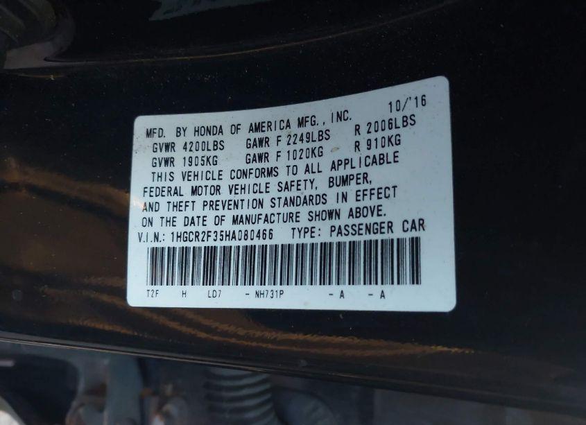 Photo 9 of 2017 Honda Accord LX (VIN 1HGCR2F35HA080466)