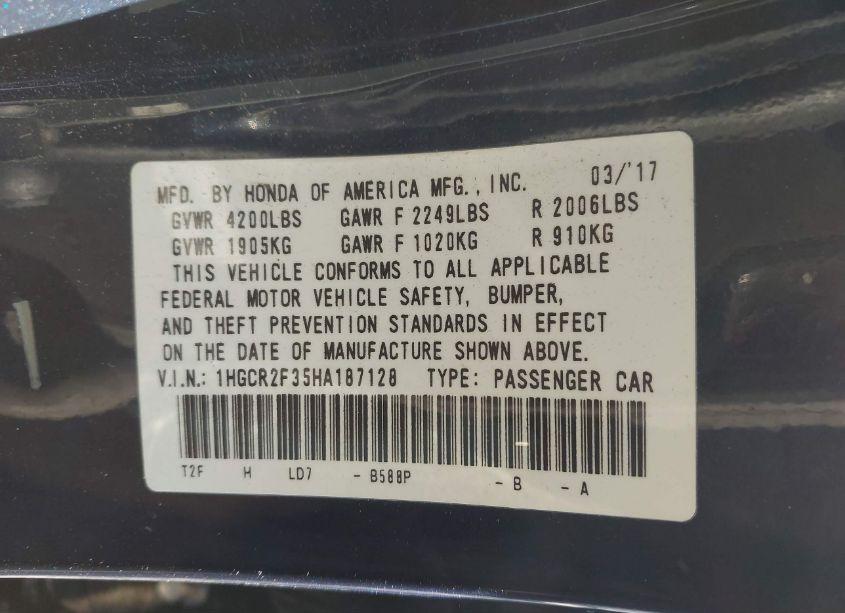 Photo 9 of 2017 Honda Accord LX (VIN 1HGCR2F35HA187128)