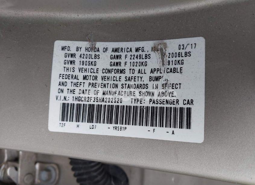 Photo 9 of 2017 Honda Accord LX (VIN 1HGCR2F35HA202520)