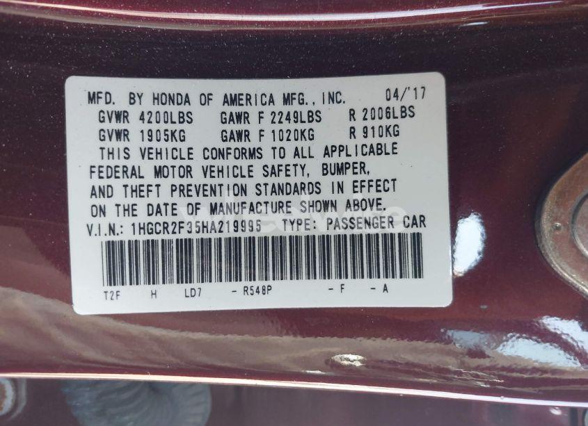 Photo 9 of 2017 Honda Accord LX (VIN 1HGCR2F35HA219995)