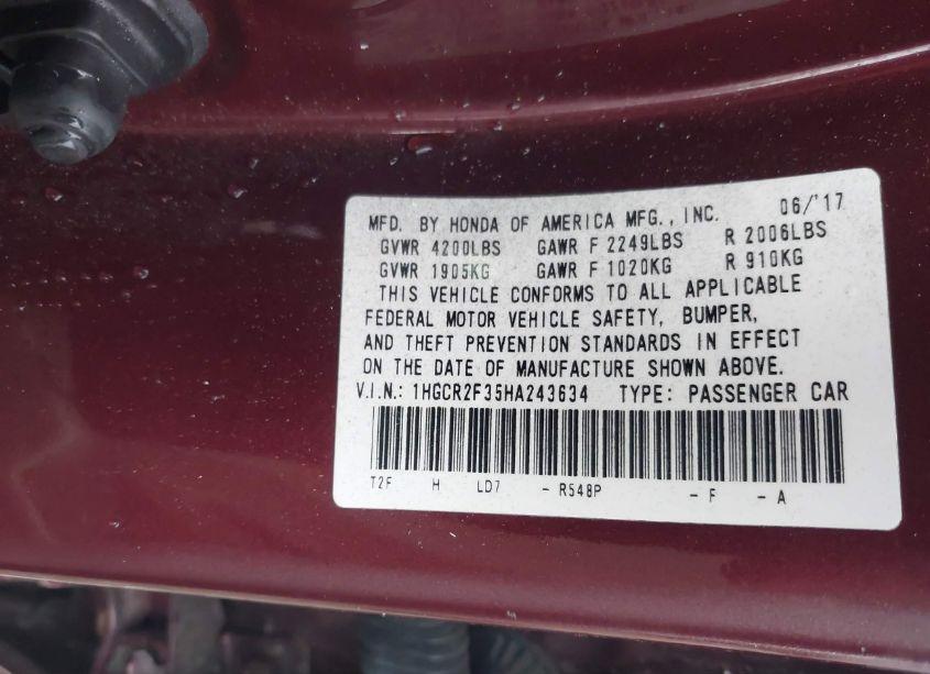 Photo 9 of 2017 Honda Accord LX (VIN 1HGCR2F35HA243634)