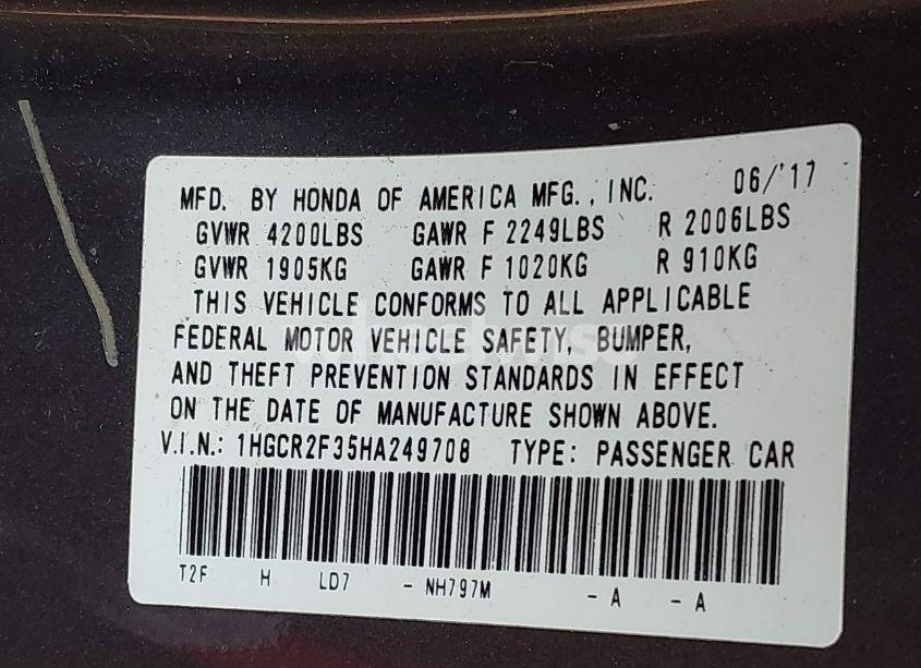 Photo 9 of 2017 Honda Accord LX (VIN 1HGCR2F35HA249708)