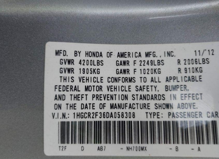 Photo 9 of 2013 Honda Accord LX (VIN 1HGCR2F36DA058308)