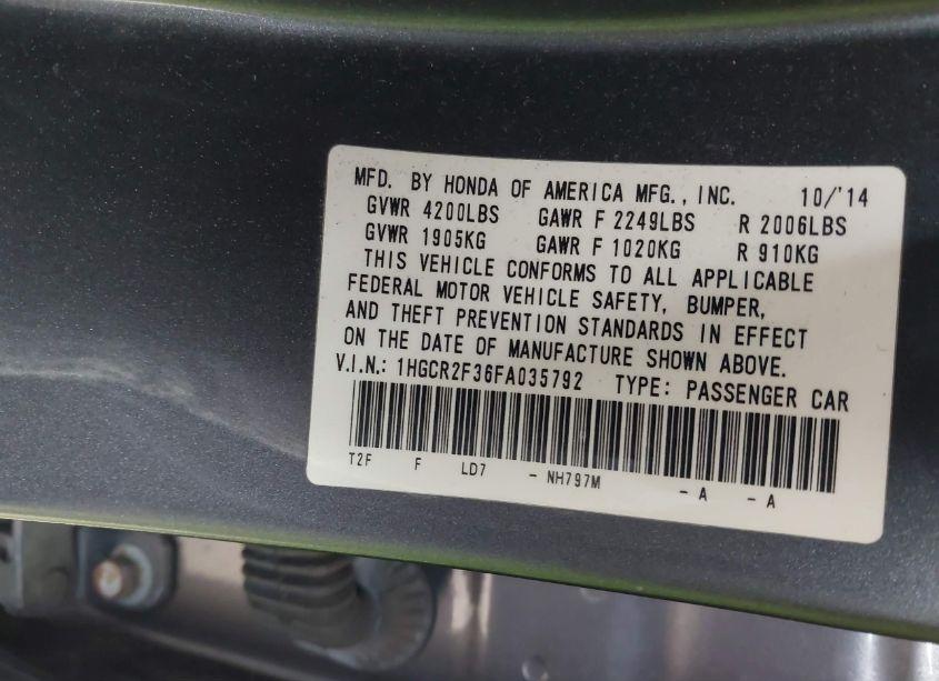 Photo 9 of 2015 Honda Accord LX (VIN 1HGCR2F36FA035792)