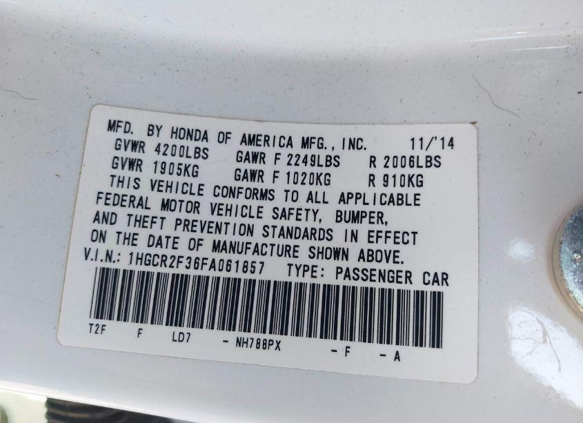 Photo 9 of 2015 Honda Accord LX (VIN 1HGCR2F36FA061857)