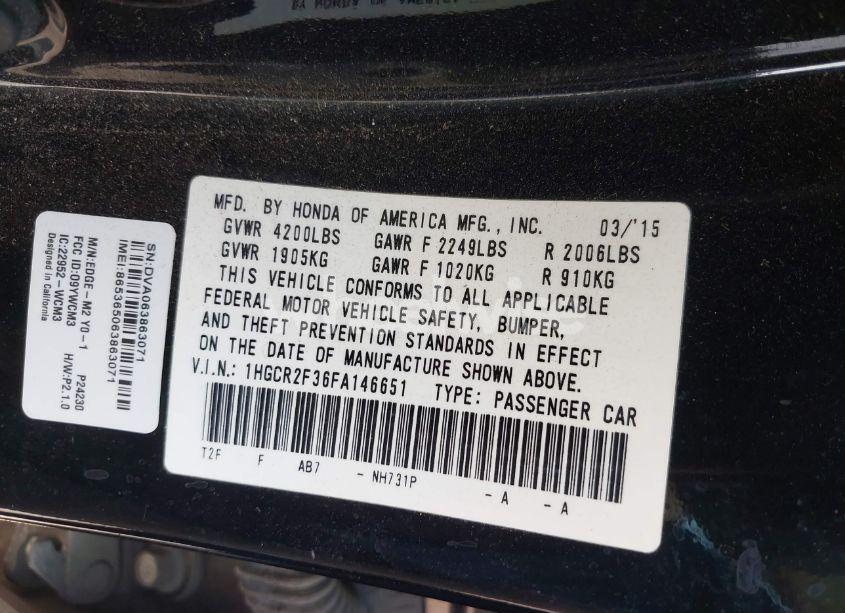Photo 9 of 2015 Honda Accord LX (VIN 1HGCR2F36FA146651)