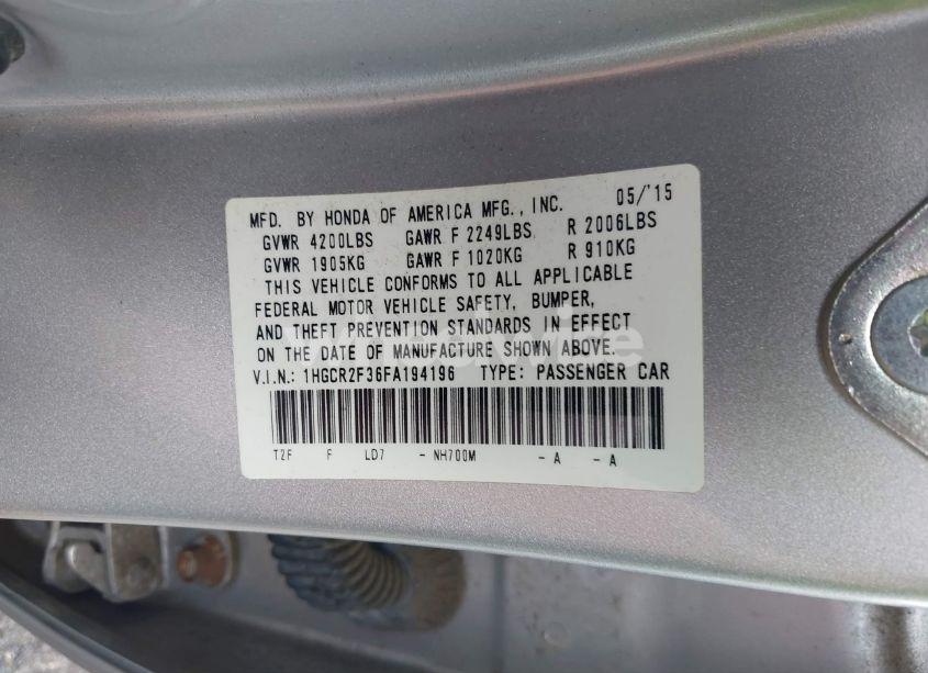 Photo 9 of 2015 Honda Accord LX (VIN 1HGCR2F36FA194196)