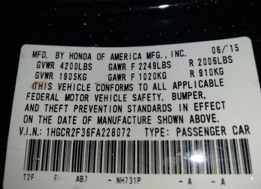 Photo 9 of 2015 Honda Accord LX (VIN 1HGCR2F36FA228072)