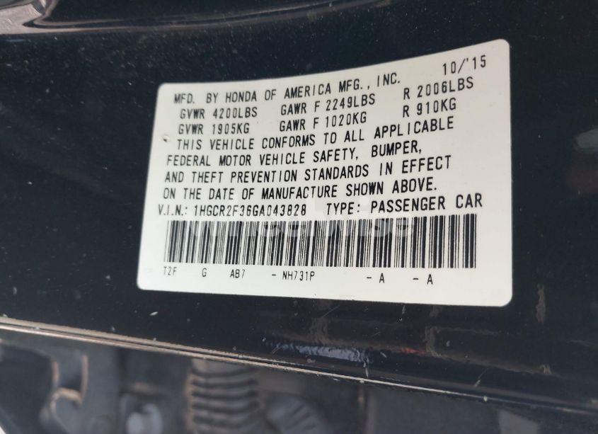 Photo 9 of 2016 Honda Accord LX (VIN 1HGCR2F36GA043828)