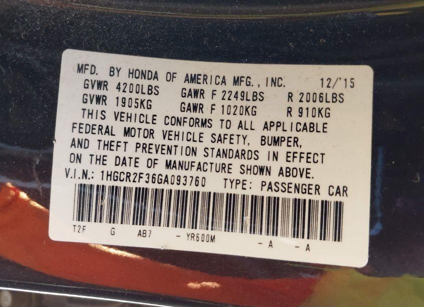 Photo 9 of 2016 Honda Accord LX (VIN 1HGCR2F36GA093760)