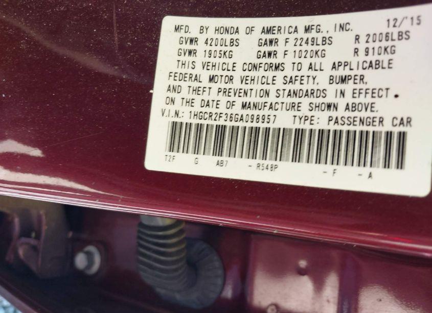 Photo 9 of 2016 Honda Accord LX (VIN 1HGCR2F36GA098957)