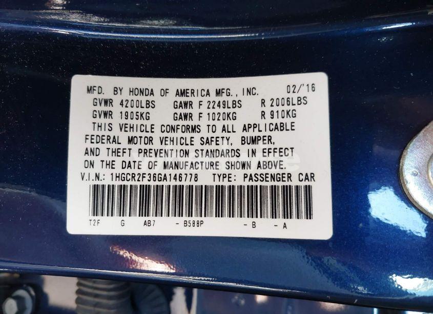 Photo 9 of 2016 Honda Accord LX (VIN 1HGCR2F36GA146778)