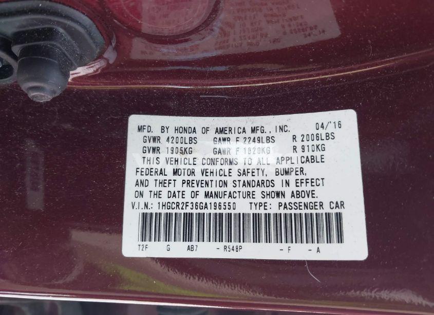 Photo 9 of 2016 Honda Accord LX (VIN 1HGCR2F36GA196550)