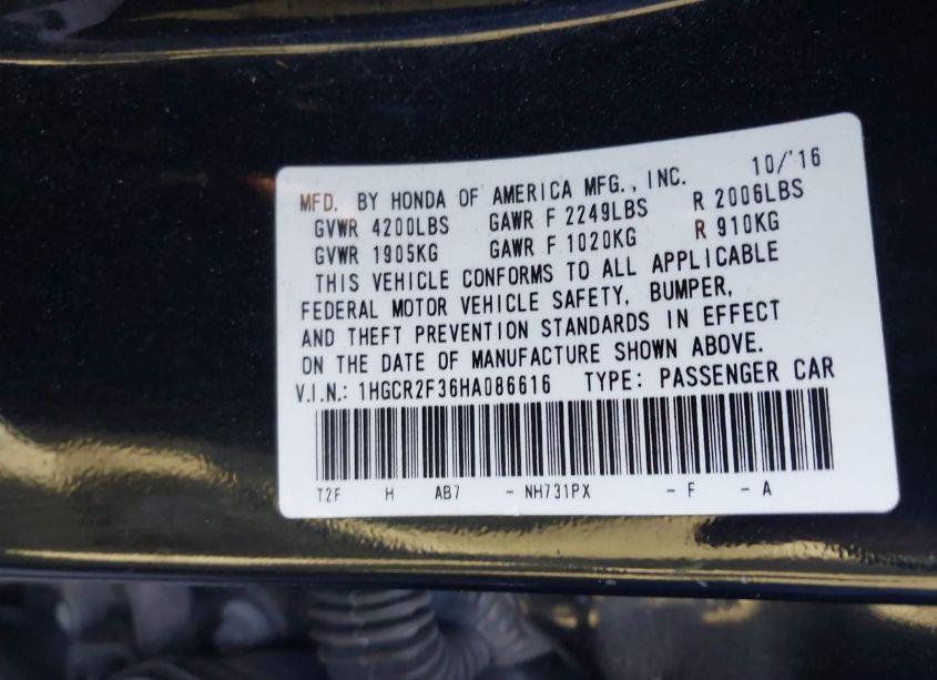 Photo 9 of 2017 Honda Accord LX (VIN 1HGCR2F36HA086616)