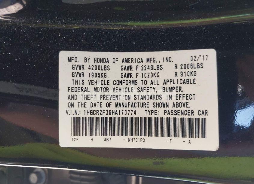 Photo 9 of 2017 Honda Accord LX (VIN 1HGCR2F36HA170774)