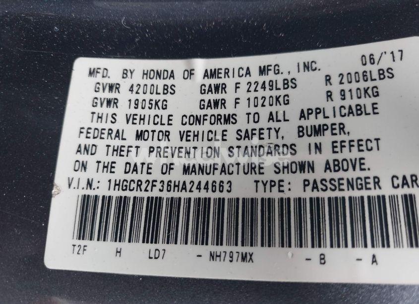 Photo 9 of 2017 Honda Accord LX (VIN 1HGCR2F36HA244663)