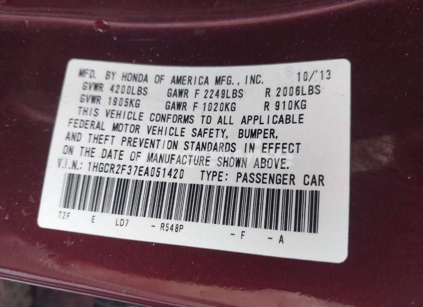 Photo 9 of 2014 Honda Accord LX (VIN 1HGCR2F37EA051420)