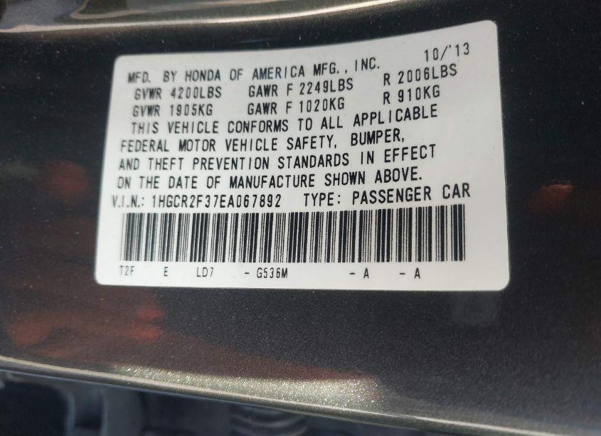 Photo 9 of 2014 Honda Accord LX (VIN 1HGCR2F37EA067892)