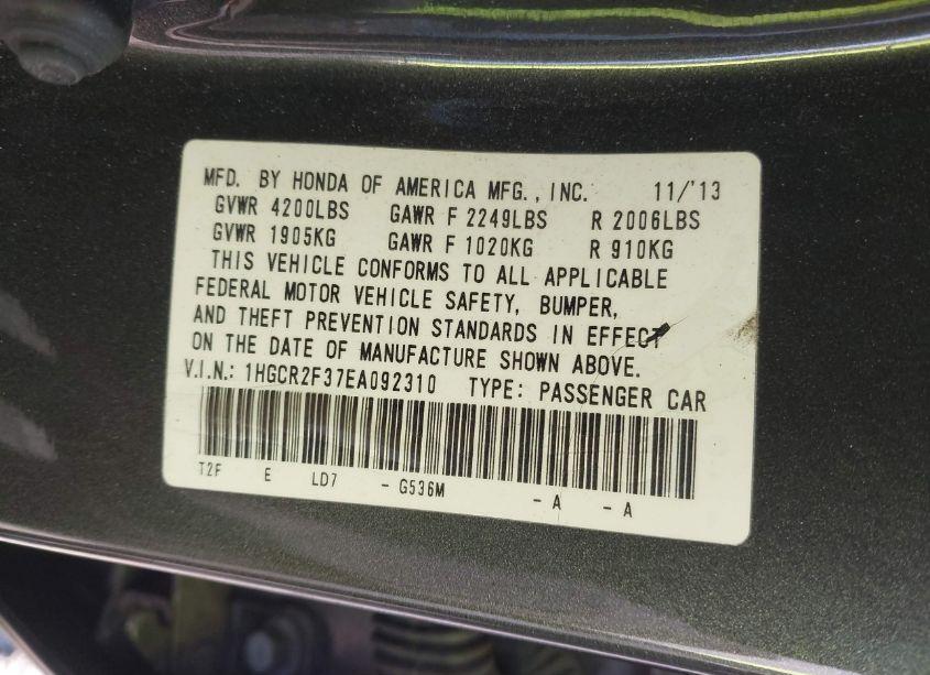 Photo 9 of 2014 Honda Accord LX (VIN 1HGCR2F37EA092310)