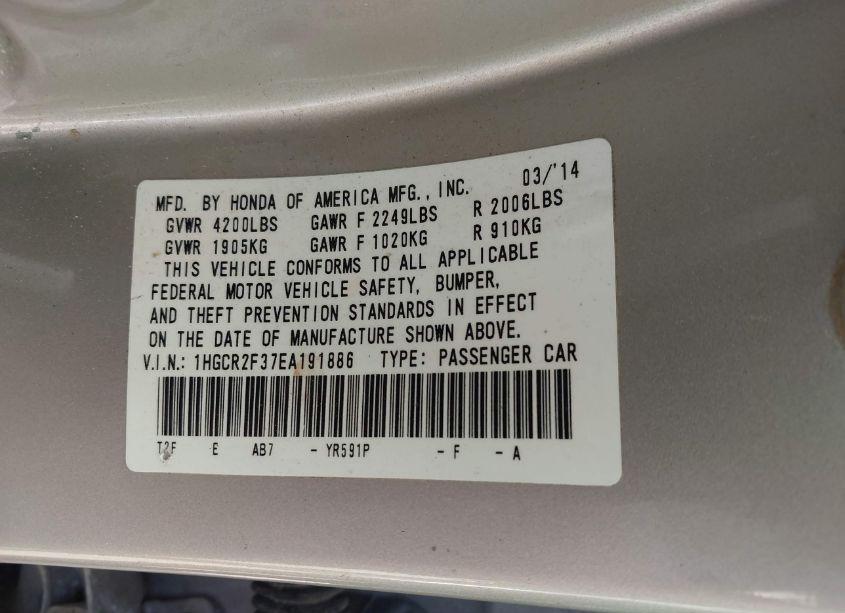 Photo 9 of 2014 Honda Accord LX (VIN 1HGCR2F37EA191886)