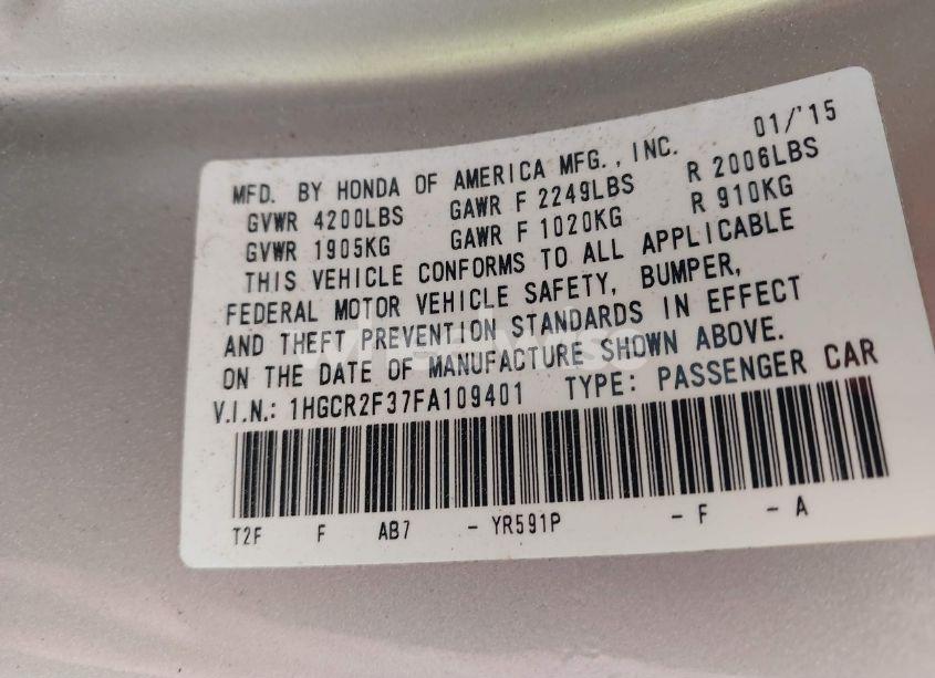 Photo 9 of 2015 Honda Accord LX (VIN 1HGCR2F37FA109401)