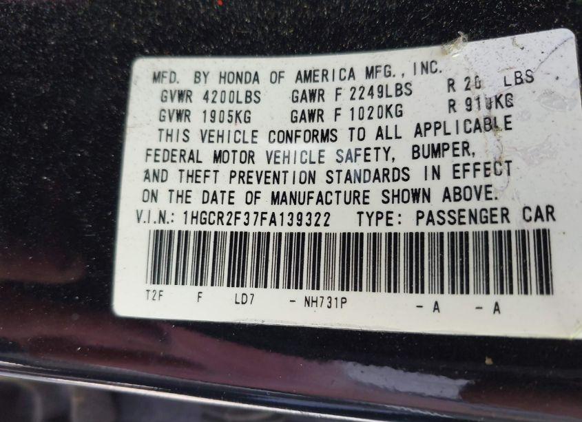 Photo 9 of 2015 Honda Accord LX (VIN 1HGCR2F37FA139322)