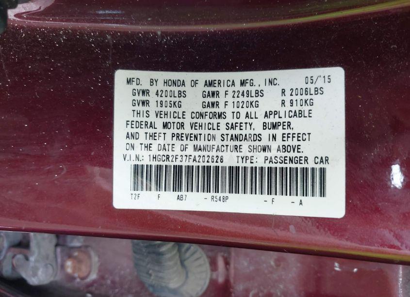 Photo 9 of 2015 Honda Accord LX (VIN 1HGCR2F37FA202628)