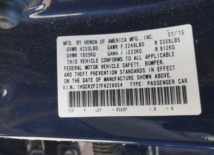 Photo 9 of 2015 Honda Accord LX (VIN 1HGCR2F37FA228954)