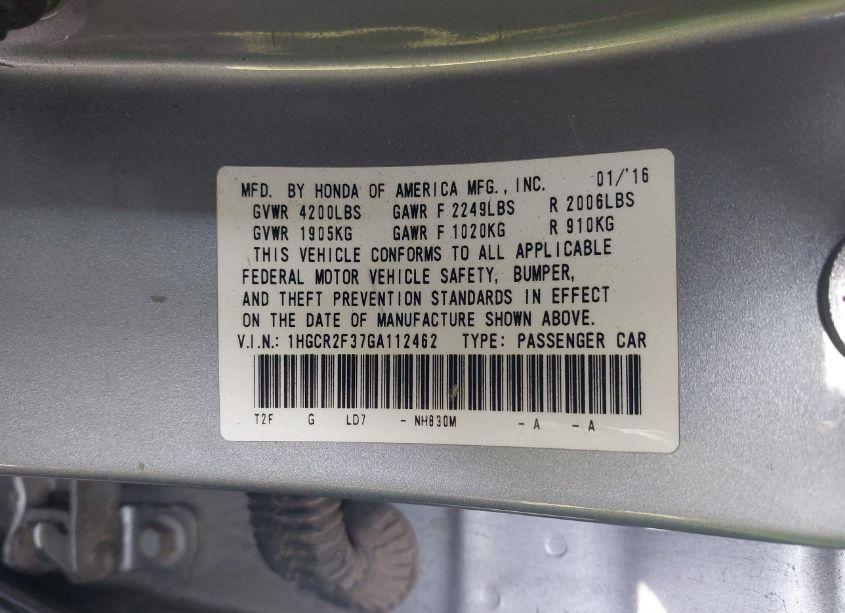 Photo 9 of 2016 Honda Accord LX (VIN 1HGCR2F37GA112462)