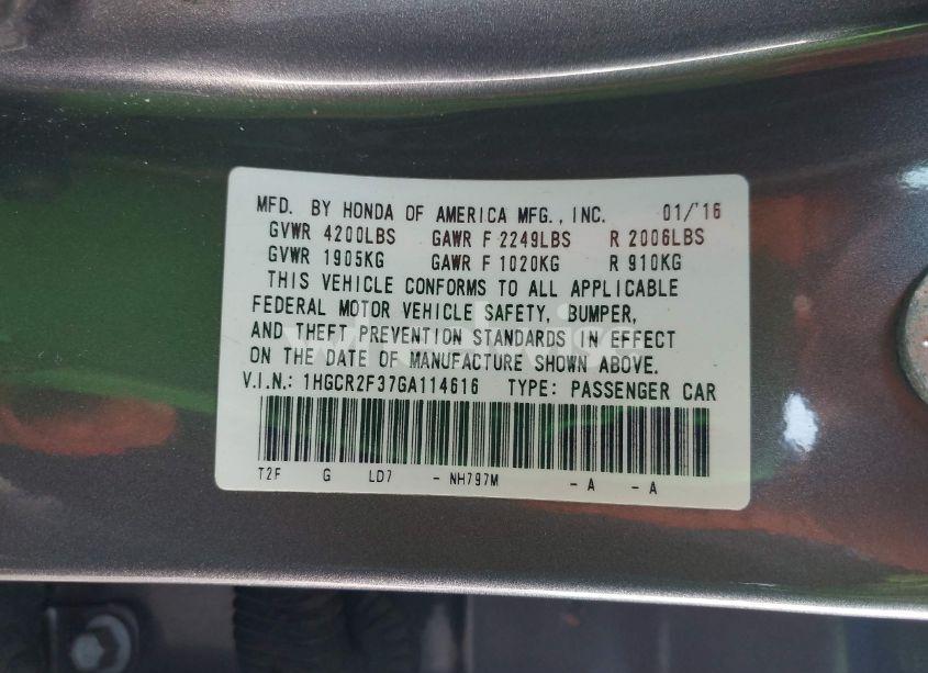 Photo 9 of 2016 Honda Accord LX (VIN 1HGCR2F37GA114616)