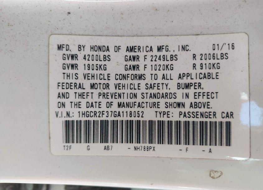 Photo 9 of 2016 Honda Accord LX (VIN 1HGCR2F37GA118052)