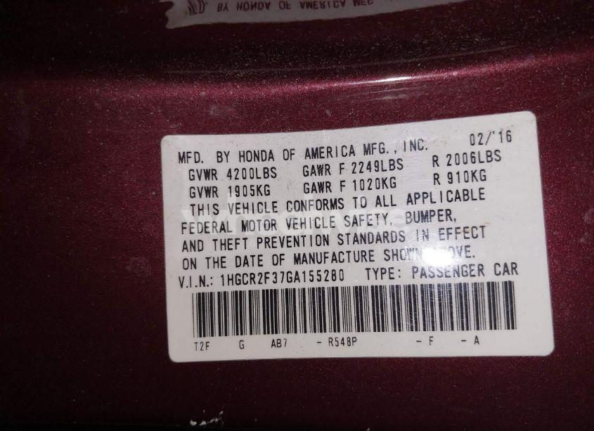 Photo 9 of 2016 Honda Accord LX (VIN 1HGCR2F37GA155280)