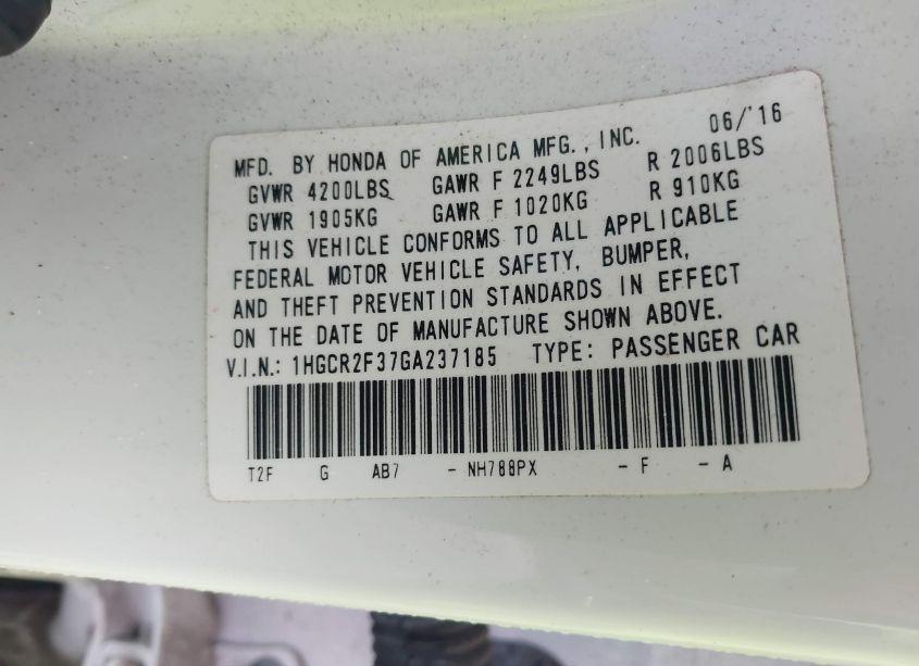 Photo 9 of 2016 Honda Accord LX (VIN 1HGCR2F37GA237185)